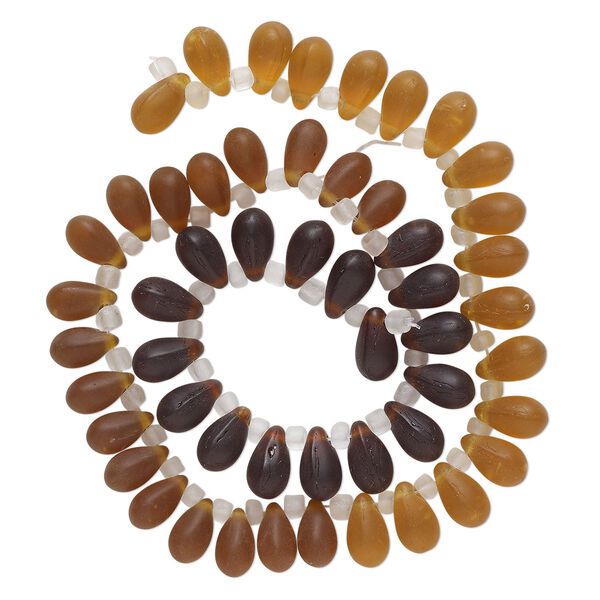 Bead, glass, translucent matte amber, brown and dark brown, 11x7mm top-drilled teardrop with irregular rondelles. Sold per 14-inch strand. image number 0