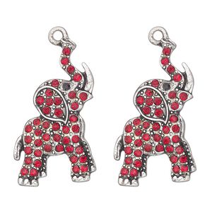 Focal, antique silver-finished "pewter" (zinc-based alloy) and glass, red and black, 30x17mm single-sided elephant. Sold per pkg of 2.