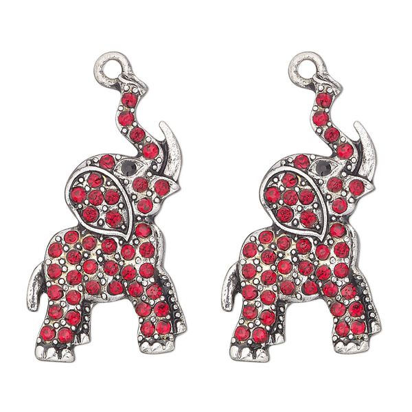Focal, antique silver-finished "pewter" (zinc-based alloy) and glass, red and black, 30x17mm single-sided elephant. Sold per pkg of 2. image number 0