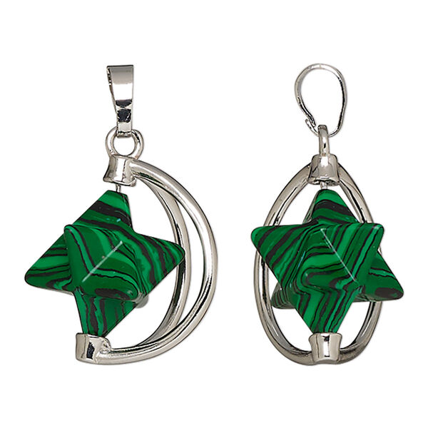 Pendant, "malachite" (resin) (imitation) and imitation rhodium-plated brass, 25x22mm star. Sold individually. image number 0
