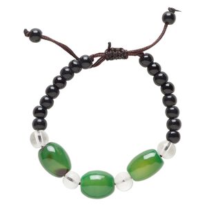 Green agate / glass / waxed cotton 1pkg1, oval bracelet adjustable 5-7.5 inch 13mm
