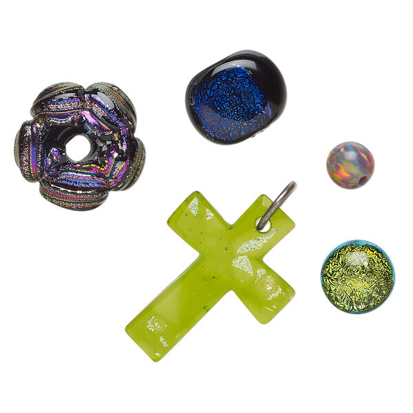 Bead / cabochon / drop mix, dichroic glass, multicolored, 7x4mm-33x18mm mixed shapes with 0.6-2mm hole. Sold per pkg of 5. image number 1