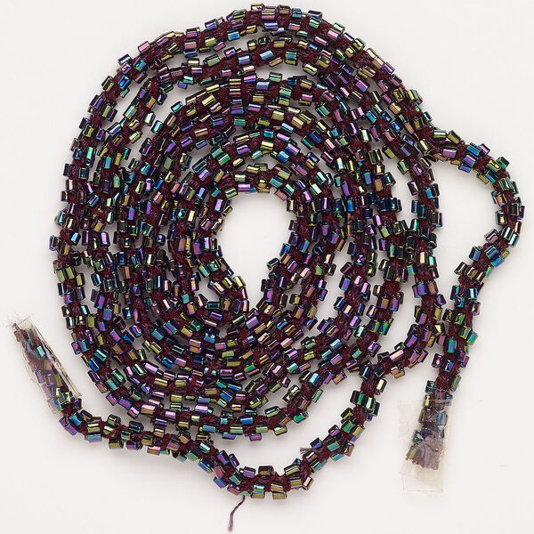 Cord, glass, pkg/40 inches, 6mm round hand-crocheted seed bead cord, peacock iris. image number 0