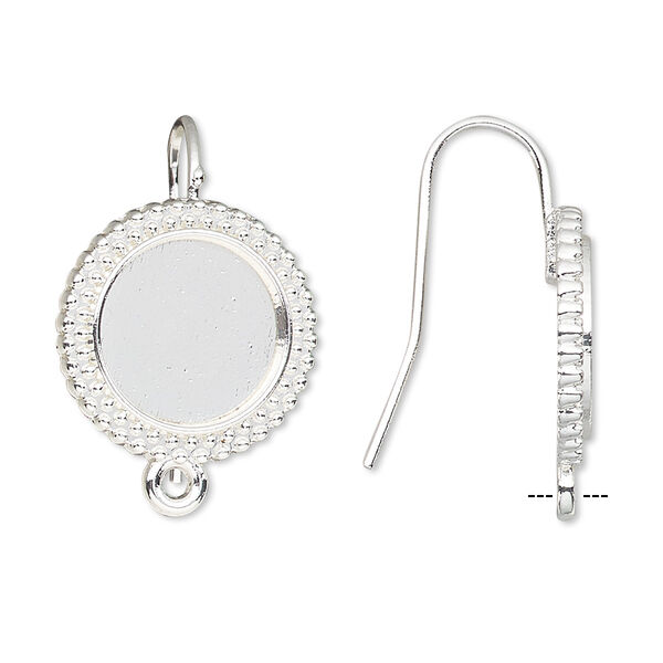 Ear wire, silver-finished brass, 23mm fishhook with 12mm beaded round setting and closed loop, 18 gauge. Sold per pkg of 5 pairs. image number 0