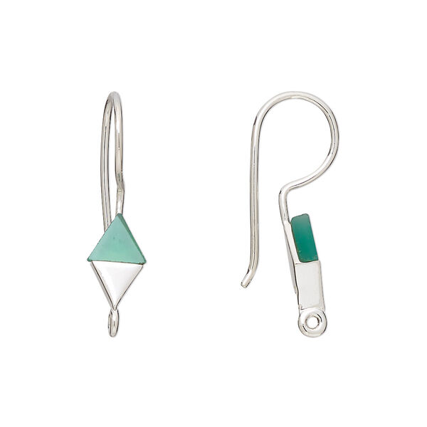 Ear wire, green onyx (dyed) and sterling silver, 24mm fishhook with 10x6mm hand-cut diamond and closed loop, 19 gauge. Sold per pair. image number 0