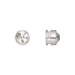 Spacer, glass rhinestone and silver-finished "pewter" (zinc-based alloy), clear, 9x8mm cross-drilled round with 7mm chaton. Sold per pkg of 6.