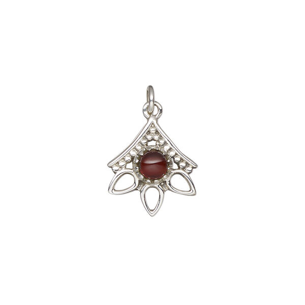 Drop, antiqued sterling silver and garnet (natural), 14x12.5mm single-sided beaded open 3-teardrop. Sold individually. image number 0