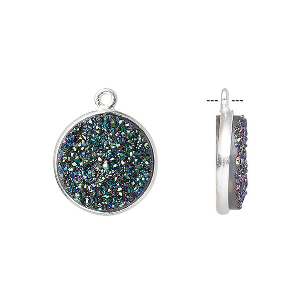 Drop, titanium- / electro-coated druzy agate (coated) / sterling silver, green, 15mm hand-cut single-sided flat round. Sold individually. image number 0