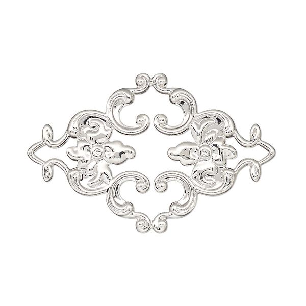 Focal, silver-finished brass, 36x23mm single-sided filigree with flower and leaves design. Sold per pkg of 2. image number 0