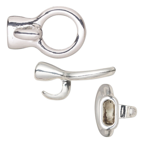 Clasp, hook, silver-finished "pewter" (zinc-based alloy), 33x22 with 10x4.5mm glue-in cord end. Sold per pkg of 2. image number 0