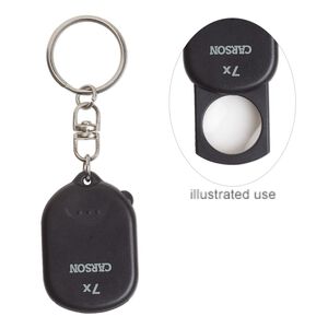 Keychain magnifier, Carson®, plastic / acrylic / steel, black and silver, 3-1/2 x 1-1/2 x 1-1/8 inches. Sold individually.