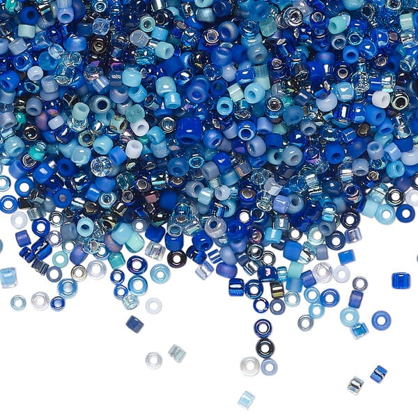 Seed bead mix, glass, 1pkg25g, #15 to #11 round, opaque and translucent multi-blue image number 0