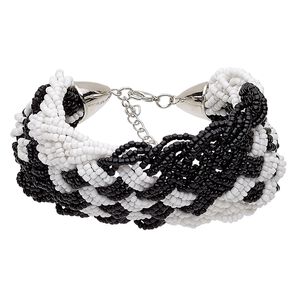 Bracelet, glass / silver-coated plastic / silver-finished steel / "pewter" (zinc-based alloy), black and white, 50mm wide with woven design, 6-1/2 inches with 2-inch extender chain and lobster claw clasp. Sold individually.