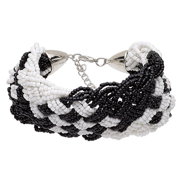 Bracelet, glass / silver-coated plastic / silver-finished steel / "pewter" (zinc-based alloy), black and white, 50mm wide with woven design, 6-1/2 inches with 2-inch extender chain and lobster claw clasp. Sold individually. image number 0
