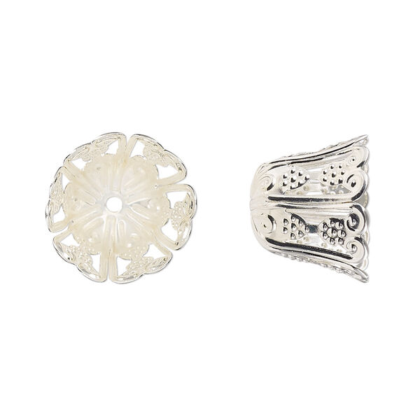 Bead cap, silver-finished steel, 15x12.5mm filigree bell, fits 10-12mm round bead. Sold per pkg of 10. image number 0