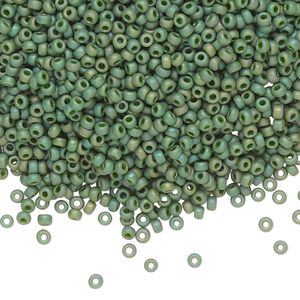Seed bead, Miyuki, glass, pkg/25g, #11 rocaille, opaque matte rainbow basil green, (RR-4700).