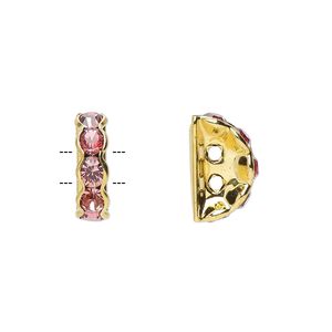 Spacer, glass rhinestone and gold-finished brass, rose, 12x4mm 2-strand half-round bridge, fits up to 3.5mm bead. Sold per pkg of 10.