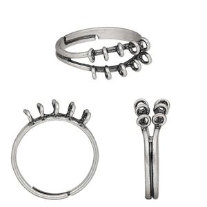 Ring, antique silver-plated brass, 6mm wide with (10) 3mm loops, adjustable. Sold per pkg of 6.