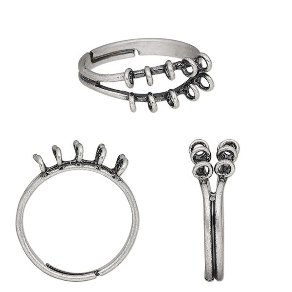 Ring, antique silver-plated brass, 6mm wide with (10) 3mm loops, adjustable. Sold per pkg of 6. image number 0
