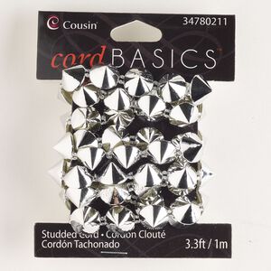 Cord, acrylic, silver, 11mm flat with round studs. Sold per pkg of 1 meter.