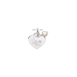 Charm, cultured freshwater pearl (bleached) and sterling silver, white, 5mm round and 14x13mm two-sided heart with "Mom" and "I Love You." Sold individually.