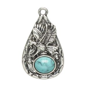 Focal, "turquoise" (resin) (imitation) and antiqued "pewter" (zinc-based alloy), blue, 32.5x21.5mm single-sided teardrop with eagle. Sold individually.