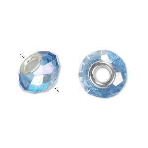 Bead 10pk 32 facets medium blue AB silver plate, Celestial Crystal® Dione® 14x9mm rondelle