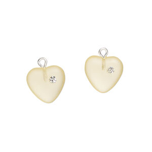 Drop 1pkg2, silver-plated brass / glass / cubic zirconia, translucent yellow and clear, 11mm frosted heart.