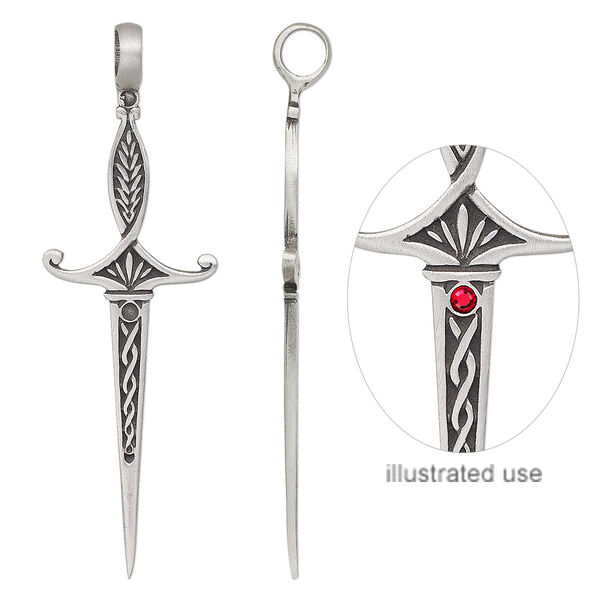 Pendant, antiqued pewter (tin-based alloy), 3-1/2 x 1-inch sword with 2.5mm round setting. Sold individually. image number 0