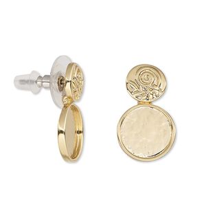 Earstud 1pkg2 Almost Instant Jewelry® "pewter" (zinc-based alloy), 21mm round swirl / leaf design / SS48 round glue-in setting / comfort clutch, gold-finished brass / steel 1 pair