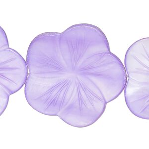 Bead, mother-of-pearl shell (dyed), light purple, 29x28mm-31x30mm carved flat flower, 0.6-0.8mm hole, Mohs hardness 3-1/2. Sold per 15-1/2" to 16" strand.