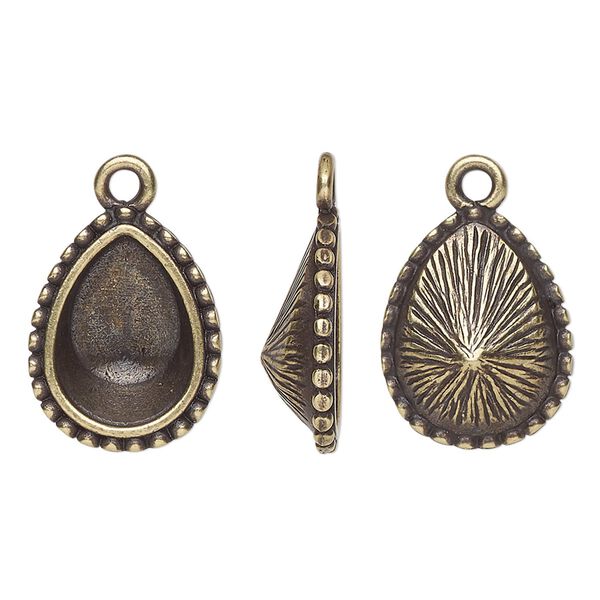 Drop, TierraCast®, Almost Instant Jewelry®, antique brass-plated pewter (tin-based alloy), 18x14mm teardrop with beaded edge and 14x10mm pear glue-in setting (4320). Sold per pkg of 2. image number 0