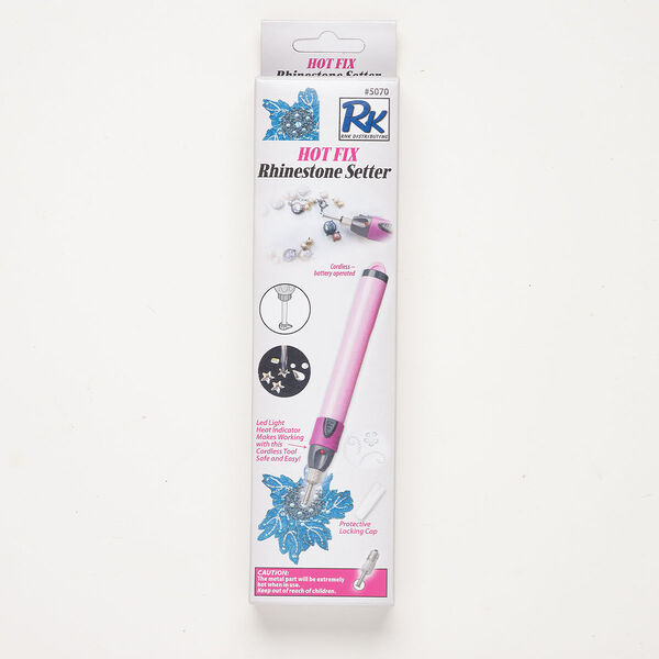 Tool 1pkg1, steel / plastic, pink / purple / silver, 7-1/2 inches cordless hotfix rhinestone setter applicator with replaceable tip and protective locking cap. image number 0