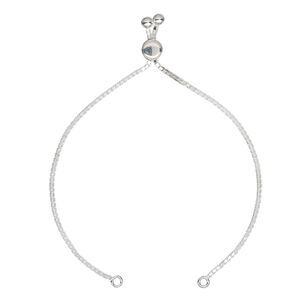 Bracelet component, sterling silver and silicone, clear, 1.5mm box chain, 8-1/2 inches with 7mm flat round adjustable slider bead and (2) 4mm rounds, 2 open loops. Sold individually.