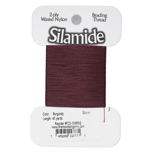 Thread, Silamide, 2-ply waxed nylon, burgundy, size A, 4-pound test. Sold per 40-yard card. image number 0