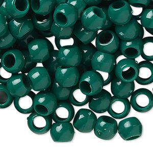 Pony bead, plastic, opaque dark green, 7x5mm-7x6mm with 3.5mm hole. Sold per pkg of 1,000.