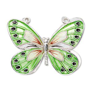 Focal, cloisonné, sterling silver and enamel, green and multicolored, 36x27mm butterfly. Sold individually.