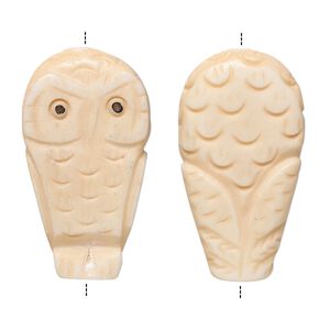 Bead, bone (dyed), antiqued brown and black, 30x13mm two-sided carved owl, Mohs hardness 2-1/2. Sold per pkg of 2.