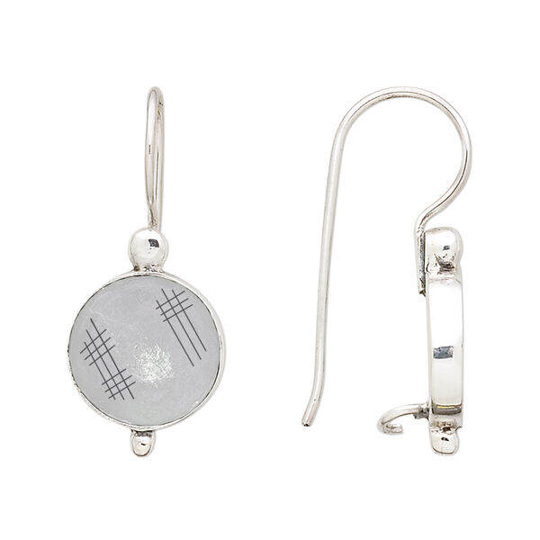 Ear wire, antiqued sterling silver, 30mm fishhook with 13mm round and 12mm round bezel setting with safety. Sold per pair. image number 0