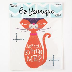 Iron-on transfer 1pkg1 vinyl, orange / white / pink, 9-1/4 x 7-1/4 inch cat with "Are you kitten me?"