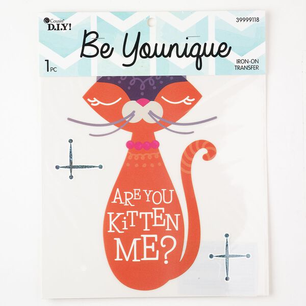 Iron-on transfer 1pkg1 vinyl, orange / white / pink, 9-1/4 x 7-1/4 inch cat with "Are you kitten me?" image number 0