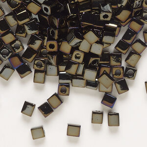 Seed bead, Miyuki 1pkg10g, glass, 3.5-3.7mm square, opaque metallic brown iris black (SB-458)