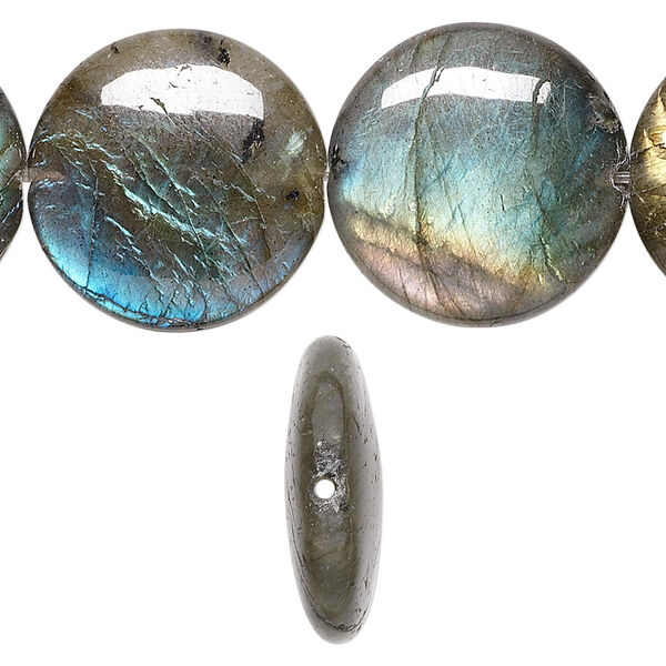 Bead, labradorite (natural), 20mm flat round, A- grade, Mohs hardness 6 to 6-1/2. Sold per 8-inch strand. image number 0
