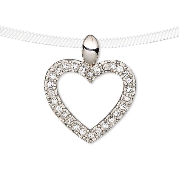 Pendant, Preciosa Czech glass rhinestone and silver-plated pewter (tin-based alloy), clear, 27x23mm open heart. Sold individually. image number 0