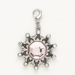 Charm, "pewter" (zinc-based alloy) / glass / enamel, pkg/1, 24x23mm snowflake with lobster claw clasp, silver finish / pink / clear.
