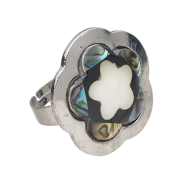 Ring 1pkg1 steel / mother-of-pearl shell / paua shell, 30mm flower, natural/bleached/dyed/assembled silver finish / white image number 0