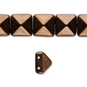 Spacer, Preciosa, Czech pressed glass, opaque antique bronze gold, 11x11x7.5mm 2-strand pyramid, fits up to 5.5mm bead. Sold per 8-inch strand, approximately 15 spacers.