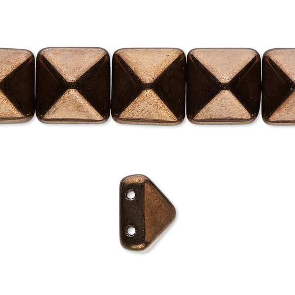 Spacer, Preciosa, Czech pressed glass, opaque antique bronze gold, 11x11x7.5mm 2-strand pyramid, fits up to 5.5mm bead. Sold per 8-inch strand, approximately 15 spacers. image number 0