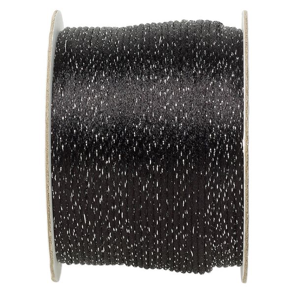 Cord, Satinique™, satin, black and metallic silver, 2mm. Sold per 432-foot spool. image number 0