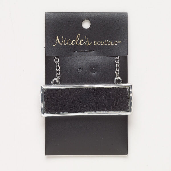 Necklace, glass / fabric / silver-finished "pewter" (zinc-based alloy) / steel, black, 61x21mm rectangle, 24 inches with lobster claw clasp. Sold individually. image number 0
